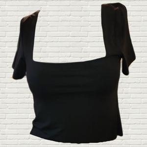 House of Harlow 1960 Black Bodycon Short Sleeve Crop Top Square Neckline Medium